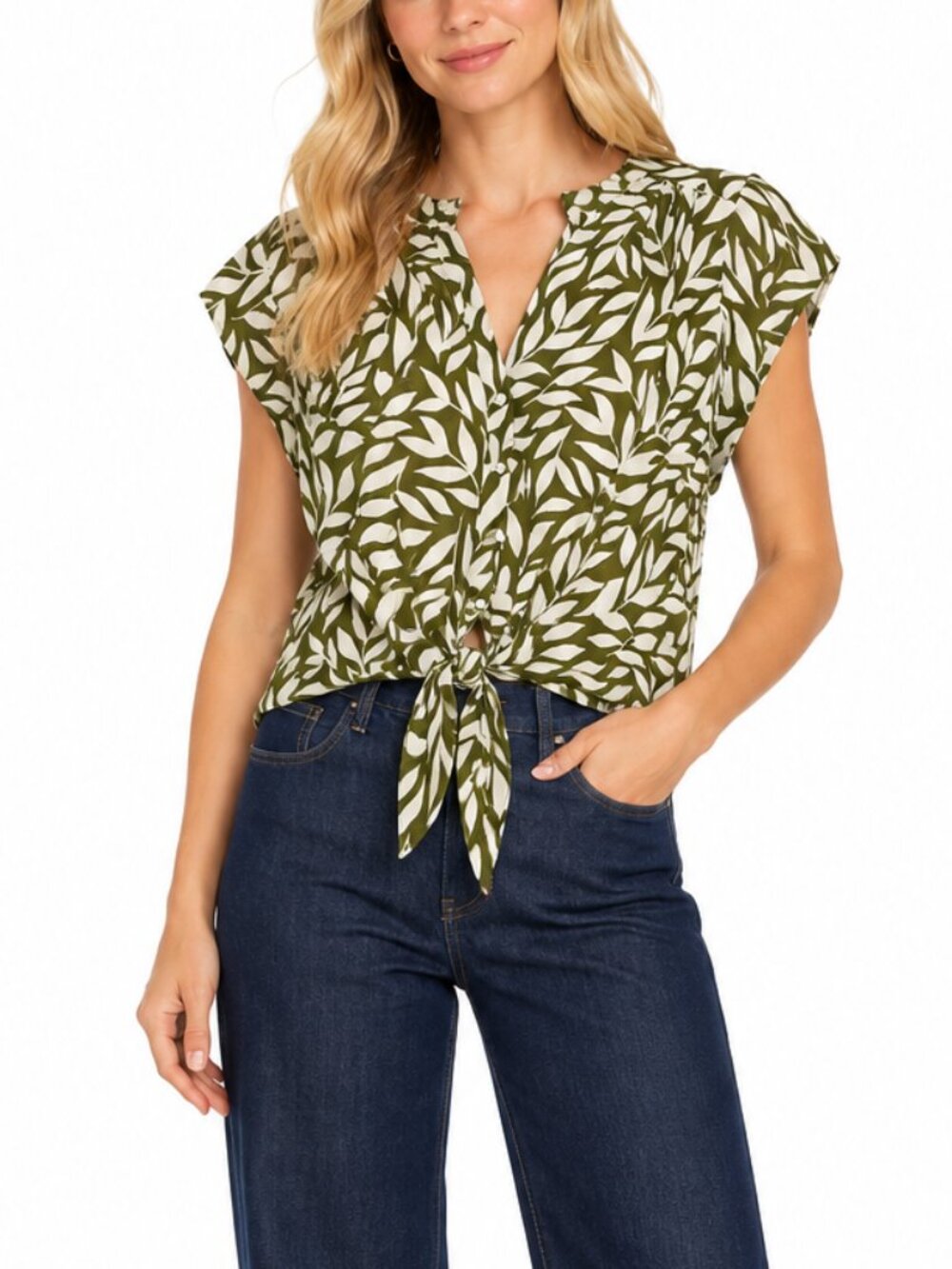 Tamara H. Green & Cream Leaf Print Tie-Front Blouse (Size L, NWT)
